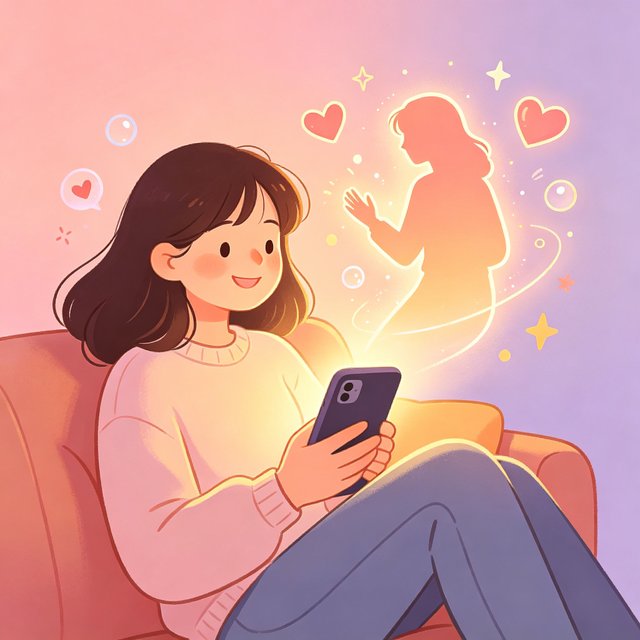 feelin产品介绍插画 女孩与AI虚拟陪伴角色隔空暖心互动